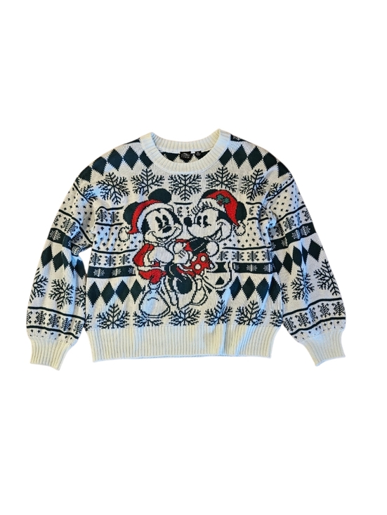 Disney Sweaters - Disney Crewneck Mickey and Minnie Holiday Sweater in White, Green & Red Sz Med